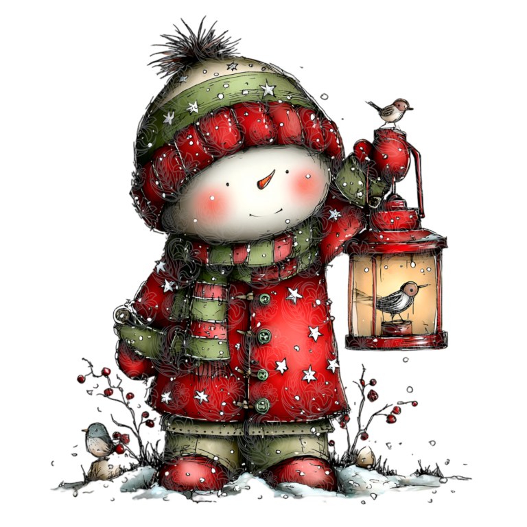 Whimsical snowman lantern held by a rosy-cheeked snowman in red coat with birds, Grey Barn Handwerk, Saskatchewan.